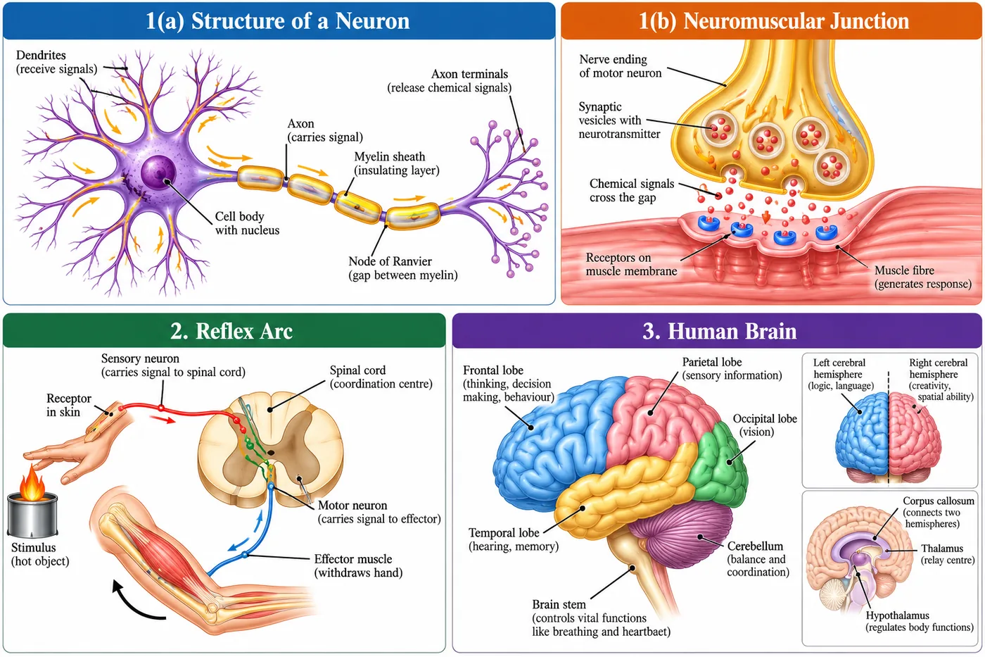 Structure of a neuron with dendrites, cell body, axon, myelin sheath and axon terminals; neuromuscular junction; reflex arc from receptor in skin through spinal cord to effector muscle; human brain with lobes, cerebellum, brain stem, corpus callosum, thalamus and hypothalamus