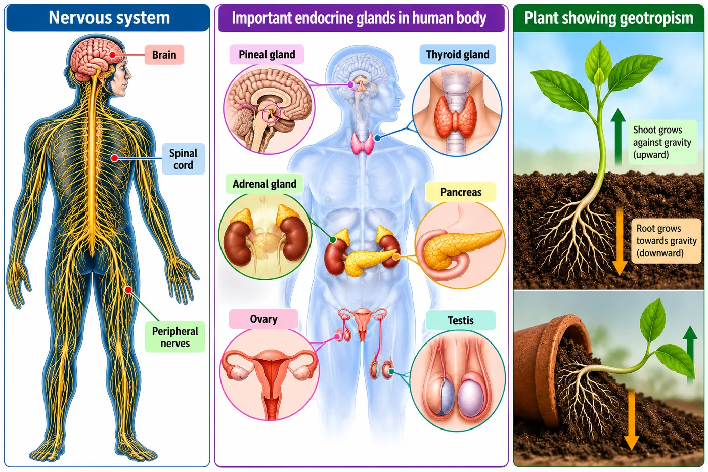 Human nervous system with brain, spinal cord and peripheral nerves; important endocrine glands — pineal, thyroid, adrenal, pancreas, ovary and testis; a plant whose shoot grows against gravity and root towards gravity, even when the pot is tipped over