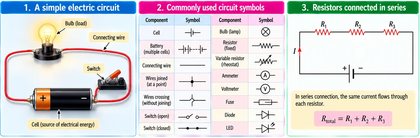A simple electric circuit with cell, switch, bulb and connecting wire; table of commonly used circuit symbols; three resistors connected in series with the total resistance equal to R1 plus R2 plus R3