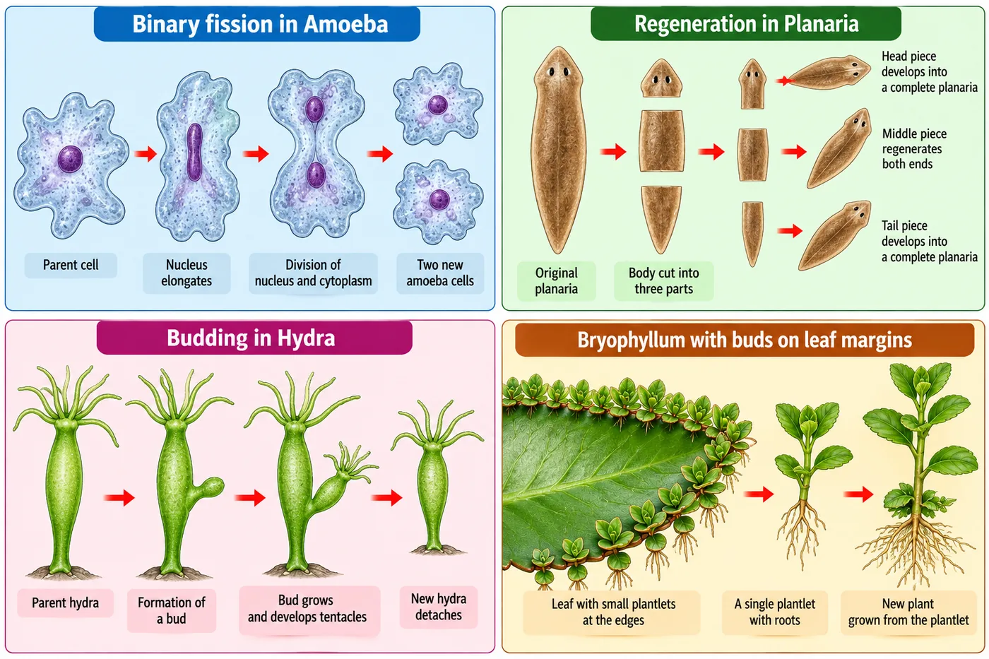 Binary fission in Amoeba; regeneration in Planaria from head, middle and tail pieces; budding in Hydra; Bryophyllum leaf with plantlets on its margins growing into new plants