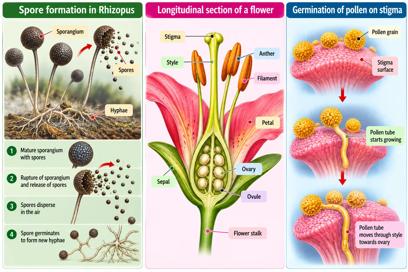 Spore formation in Rhizopus with sporangia, spores and hyphae; longitudinal section of a flower showing stigma, style, anther, filament, petal, sepal, ovary and ovules; germination of pollen on the stigma and growth of the pollen tube through the style