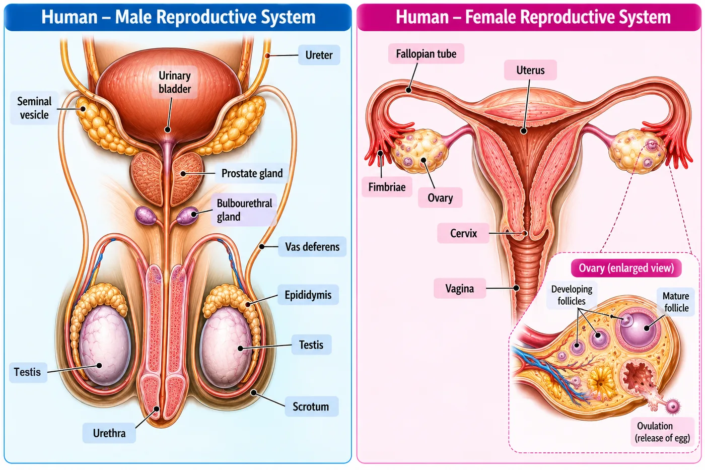 Human male reproductive system with ureter, urinary bladder, seminal vesicle, prostate gland, bulbourethral gland, vas deferens, epididymis, testis, scrotum and urethra; female reproductive system with fallopian tube, fimbriae, ovary, uterus, cervix and vagina, and an enlarged ovary showing developing follicles and ovulation