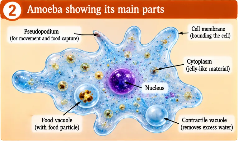 Amoeba with pseudopodia, cell membrane, cytoplasm, nucleus, food vacuole and contractile vacuole
