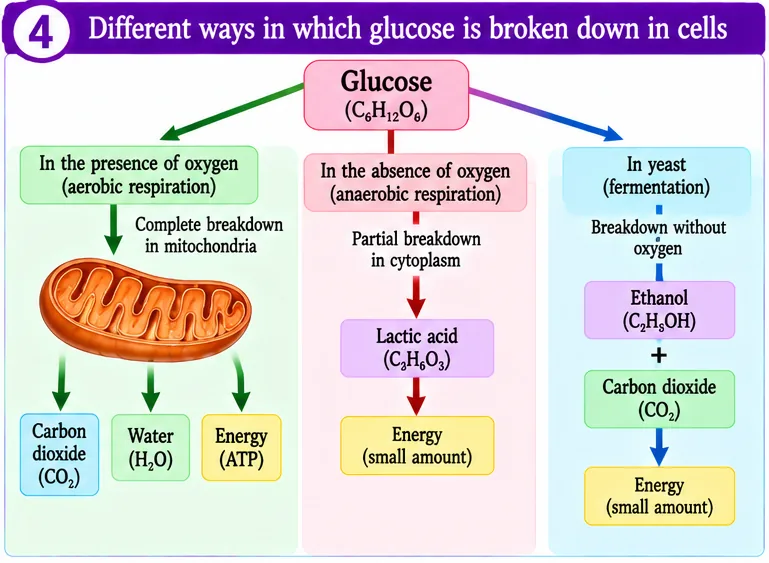 Glucose broken down in three ways: aerobic respiration in mitochondria giving carbon dioxide, water and energy; anaerobic respiration in muscle giving lactic acid; fermentation in yeast giving ethanol and carbon dioxide