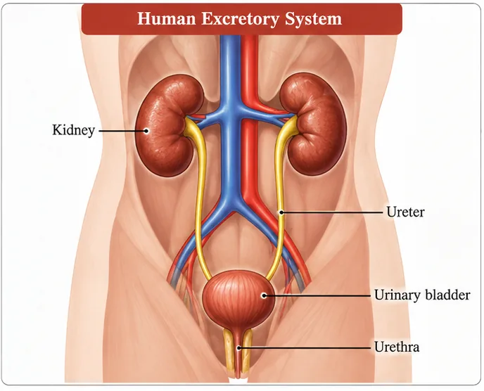 Human excretory system showing kidneys, ureters, urinary bladder and urethra with major blood vessels