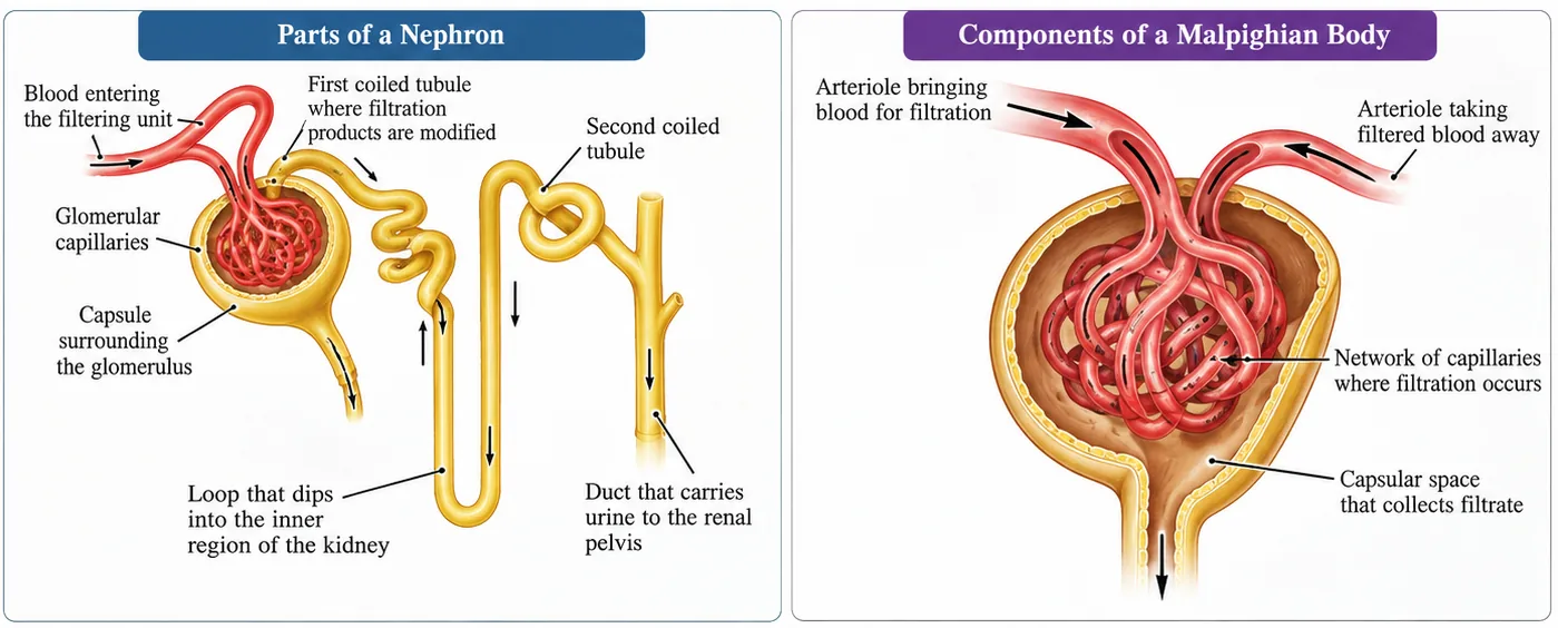 Parts of a nephron: glomerular capillaries in the capsule, first coiled tubule, loop, second coiled tubule and collecting duct; and the Malpighian body with arterioles bringing and taking blood and the capsular space collecting filtrate