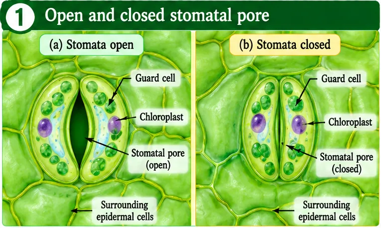 Stomatal pore open between swollen guard cells and closed between flaccid guard cells, with chloroplasts and surrounding epidermal cells