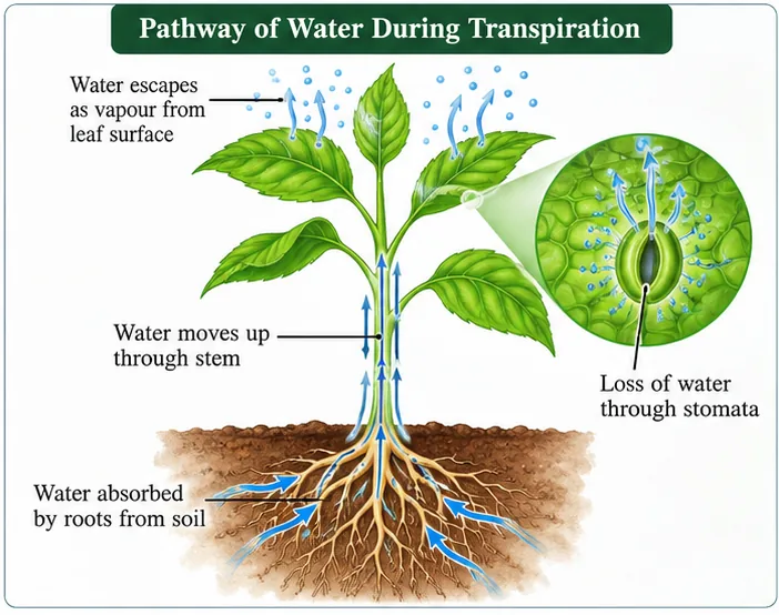 Water absorbed by roots, moving up through the stem and lost as vapour through stomata of leaves