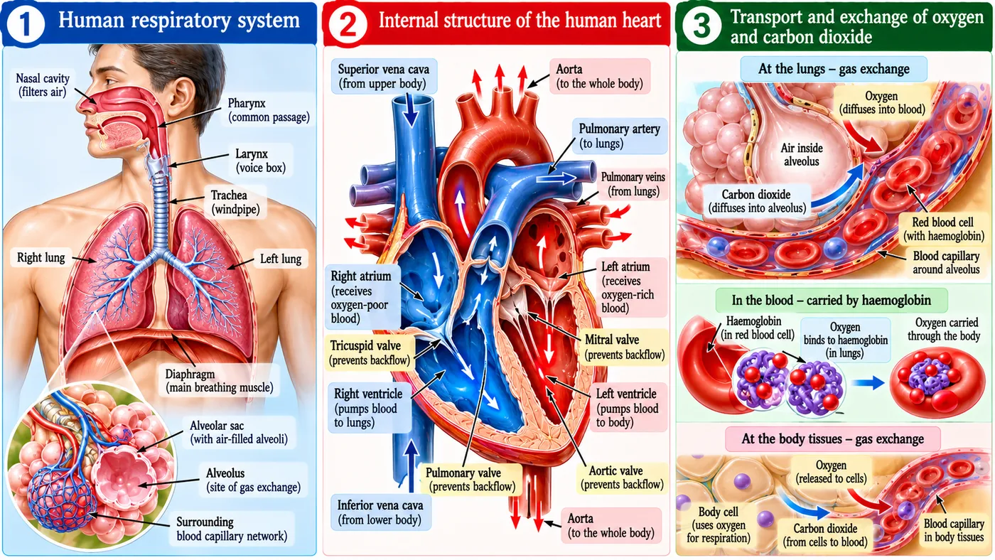 Human respiratory system with nasal cavity, pharynx, larynx, trachea, lungs, diaphragm and alveoli; internal structure of the heart with four chambers, valves, vena cavae, aorta and pulmonary vessels; exchange of oxygen and carbon dioxide at the alveoli and in body tissues
