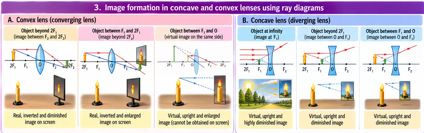 Ray diagrams for a convex lens with object beyond 2F1, between F1 and 2F1, and between F1 and O (virtual, upright, enlarged image), and for a concave lens with object at infinity, beyond 2F1 and between F1 and O