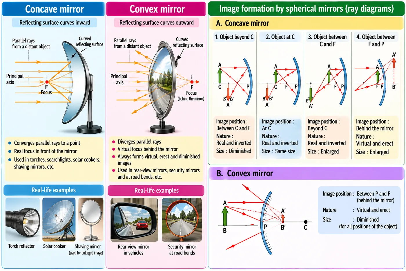 Concave mirror converging parallel rays to a real focus in front and convex mirror diverging them from a virtual focus behind; real-life uses such as torch reflectors, solar cookers, shaving mirrors, rear-view and road-bend security mirrors; image formation by a concave mirror for object beyond C, at C, between C and F, between F and P, and by a convex mirror