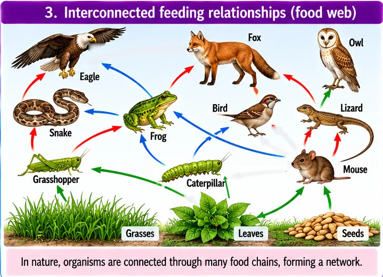 Food web linking grasses, leaves and seeds to grasshopper, caterpillar and mouse, and these to frog, bird, lizard, snake, fox, eagle and owl; arrows point from food to eater