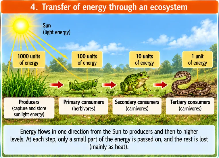 Energy flowing from the Sun to producers (1000 units), primary consumers (100 units), secondary consumers (10 units) and tertiary consumers (1 unit), the rest lost mainly as heat