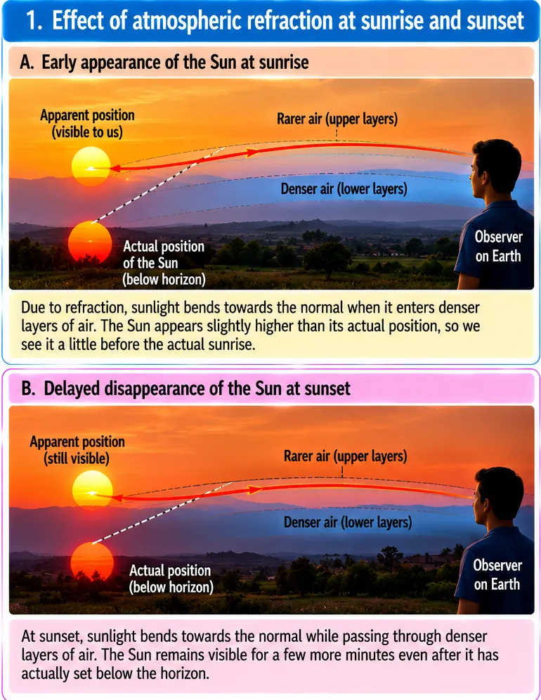 Sunrise and sunset: the Sun's apparent position is above its actual position below the horizon because sunlight bends in denser lower layers of air