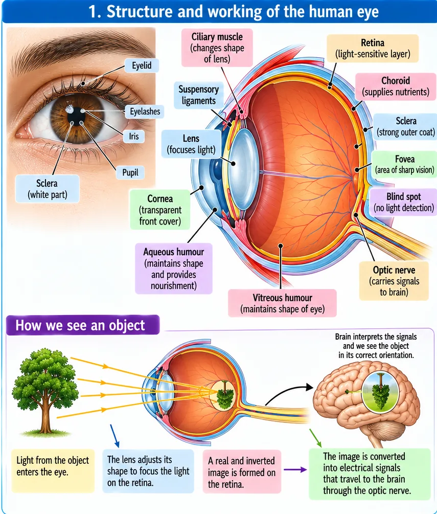 Structure of the human eye with cornea, iris, pupil, lens, ciliary muscle, suspensory ligaments, retina, choroid, sclera, fovea, blind spot, optic nerve, aqueous and vitreous humour; how we see an object — real inverted image on the retina interpreted by the brain