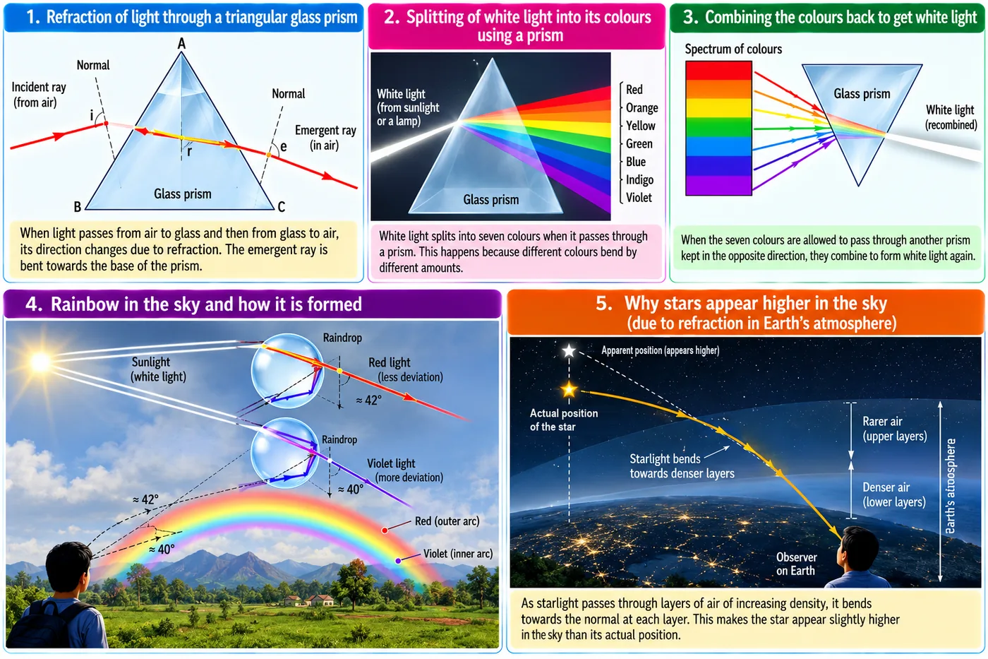 Refraction through a triangular glass prism with angles of incidence, refraction and emergence; white light splitting into the spectrum; an inverted prism recombining colours into white light; rainbow formed by dispersion, refraction and internal reflection in raindrops; stars appearing higher than their actual position due to atmospheric refraction
