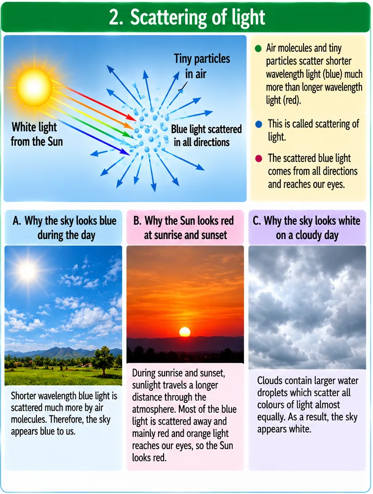 Scattering of sunlight by tiny particles: blue sky in the day, red Sun at sunrise and sunset, white sky on a cloudy day