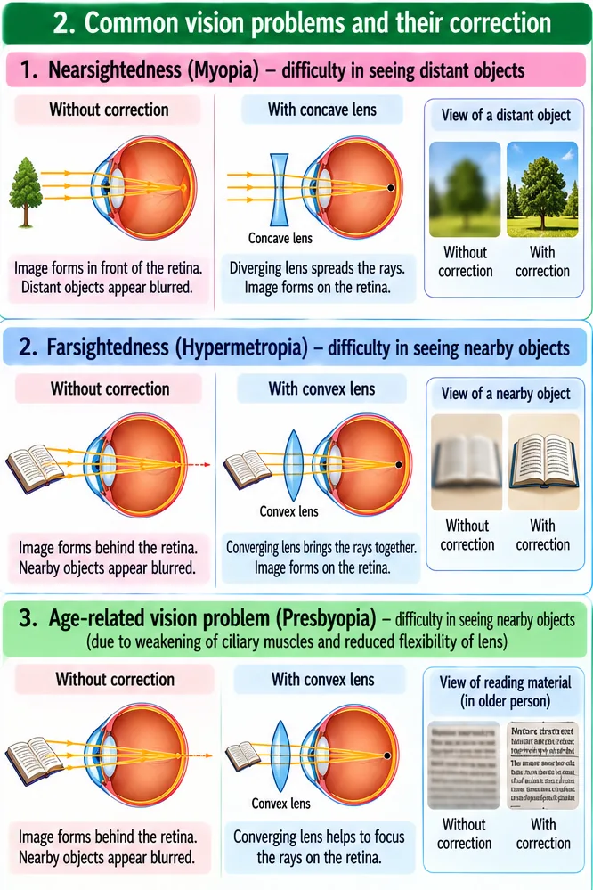 Myopia corrected with a concave lens, hypermetropia corrected with a convex lens, and presbyopia in older people corrected with a convex lens
