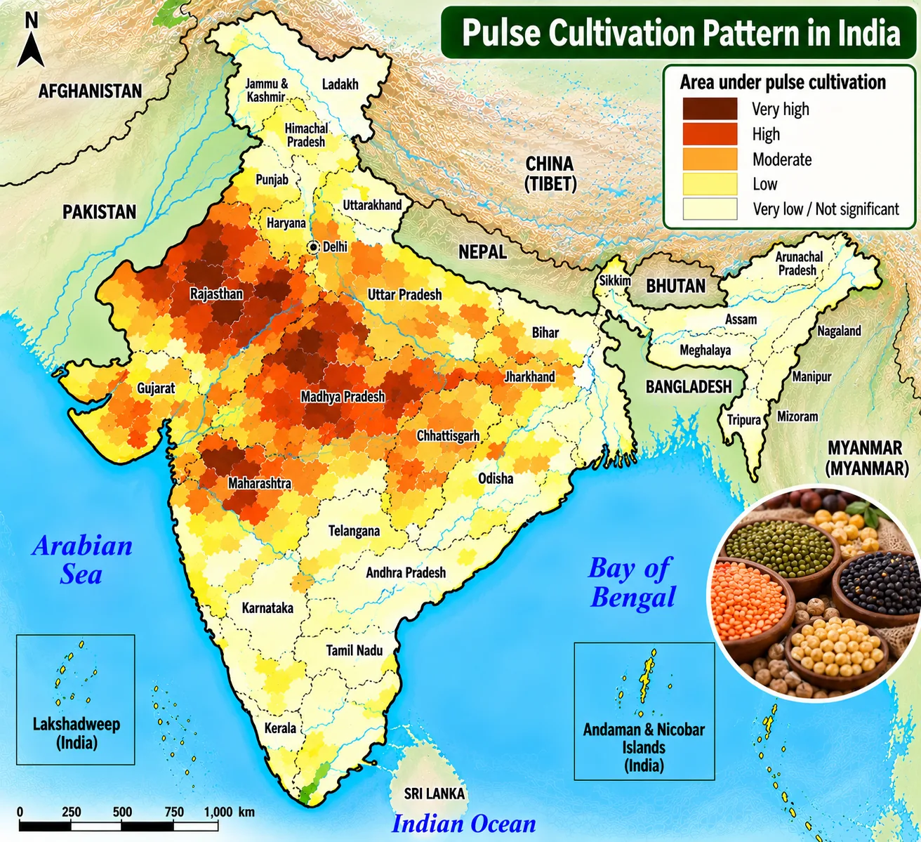 Map of India shaded by area under pulses — very high in Rajasthan, Madhya Pradesh and Maharashtra, moderate in Uttar Pradesh, Karnataka and Gujarat, low in the north-east and the far south