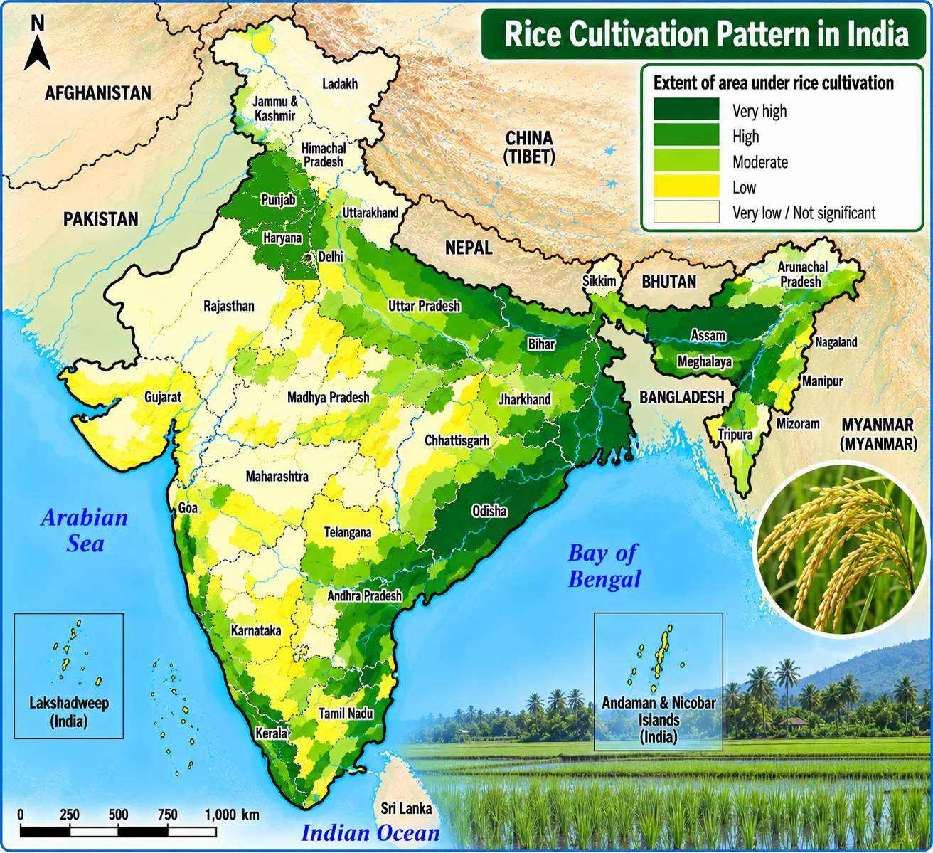 Map of India shaded by the extent of area under rice — very high in West Bengal, Odisha, Assam, Bihar, eastern Uttar Pradesh and the coastal deltas, high in Punjab and Haryana, low in Rajasthan and the dry interior