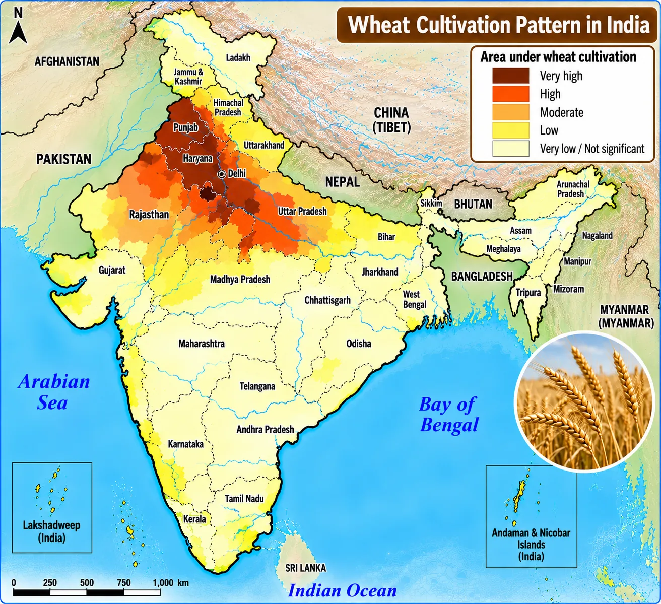 Map of India shaded by area under wheat — very high in Punjab and Haryana, high in Uttar Pradesh and parts of Rajasthan, and low across the south and north-east