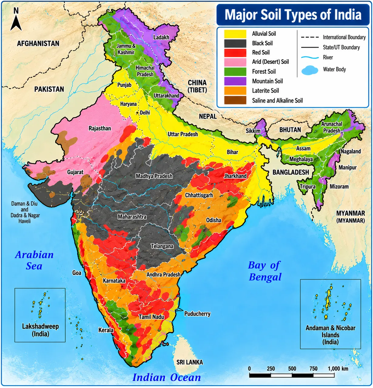 Map of India coloured by major soil types — alluvial, black, red, arid, forest, mountain, laterite and saline-alkaline — with state names