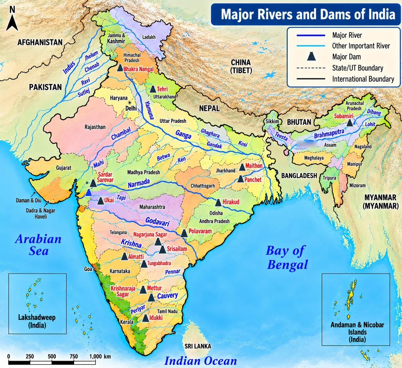 Map of India showing major rivers — Indus and its tributaries, Ganga, Yamuna, Brahmaputra, Narmada, Tapi, Godavari, Krishna, Cauvery — and dams such as Bhakra Nangal, Tehri, Sardar Sarovar, Hirakud, Nagarjuna Sagar, Tungabhadra, Mettur and Idukki