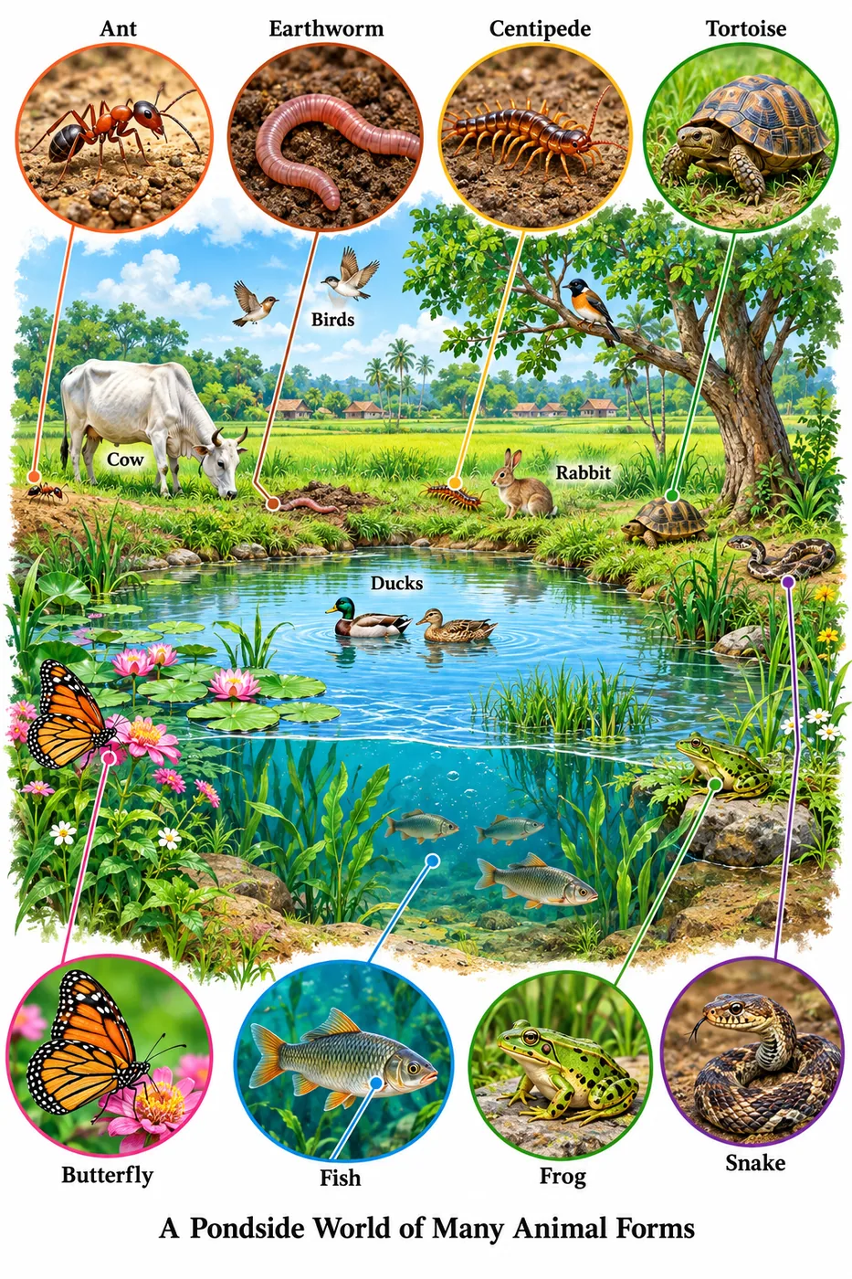 A pond with its surroundings showing ant, earthworm, centipede, tortoise, birds, cow, rabbit, ducks, butterfly, fish, frog and snake