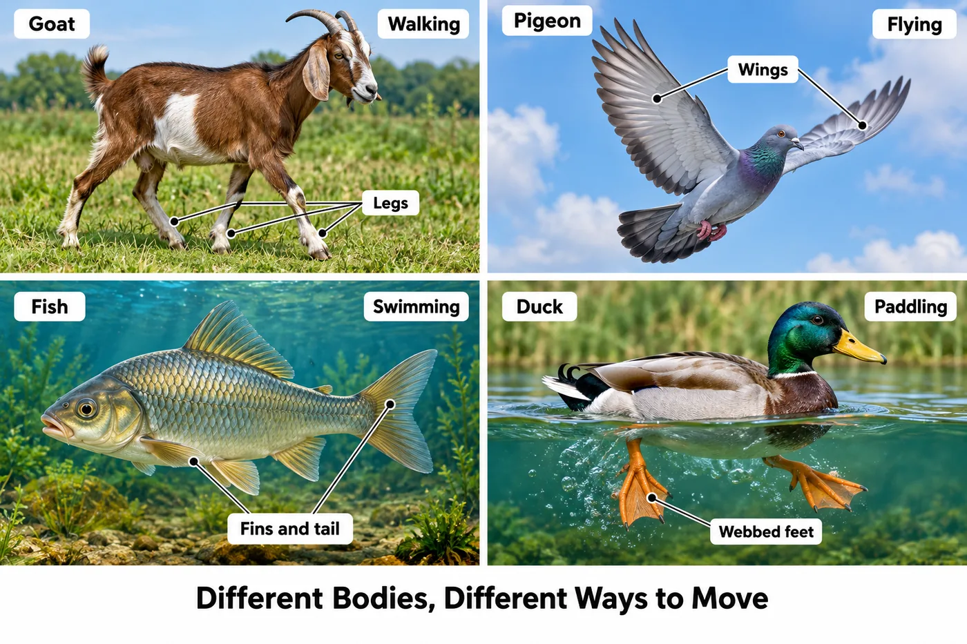 Goat walking on legs, pigeon flying with wings, fish swimming with fins and tail, duck paddling with webbed feet