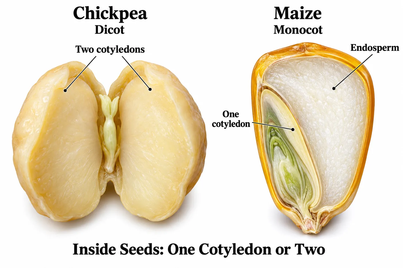 Chickpea seed split into two cotyledons beside a maize seed with one cotyledon and endosperm
