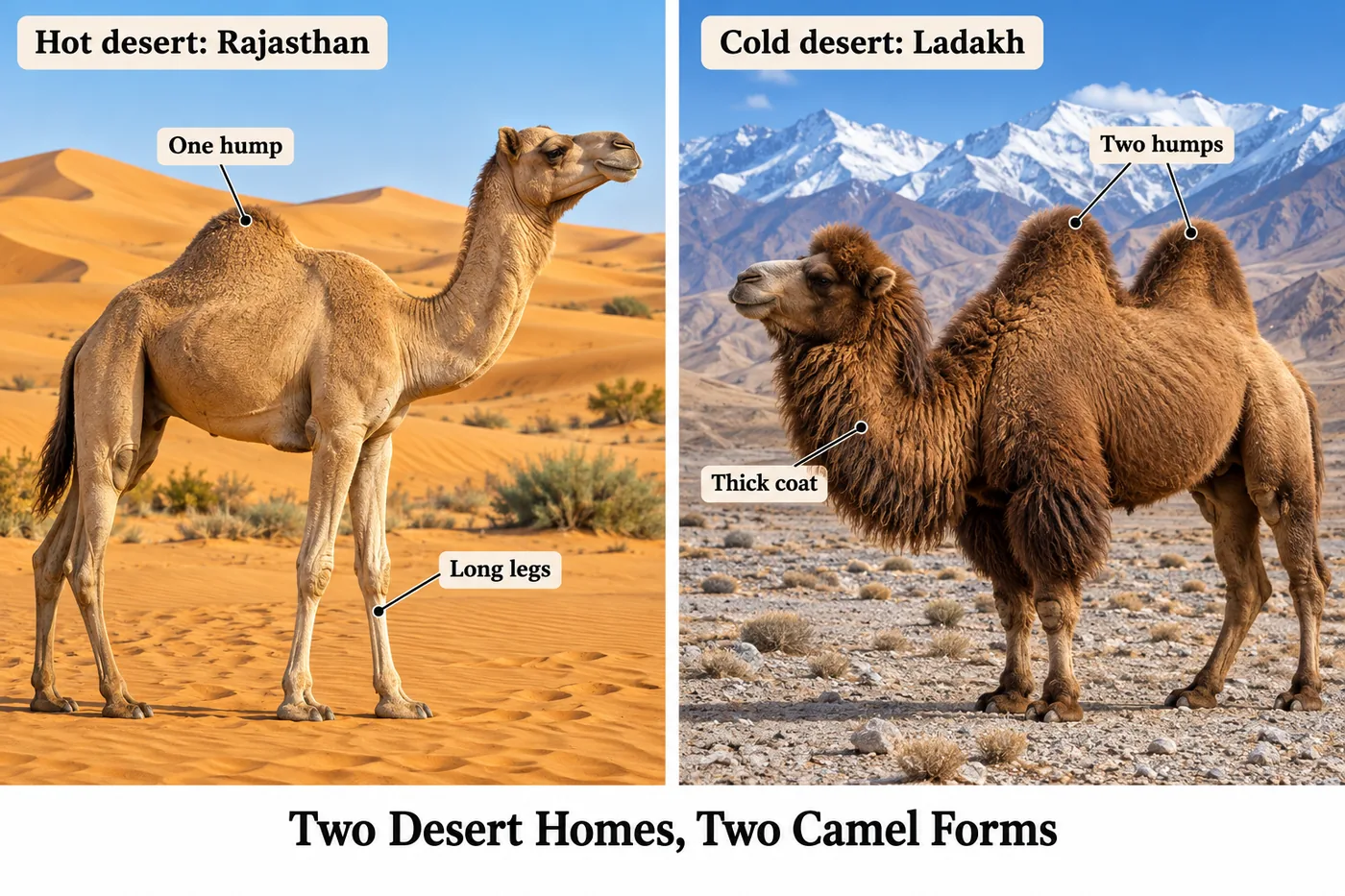 A one-humped camel in the hot Rajasthan desert and a two-humped camel with a thick coat in cold Ladakh