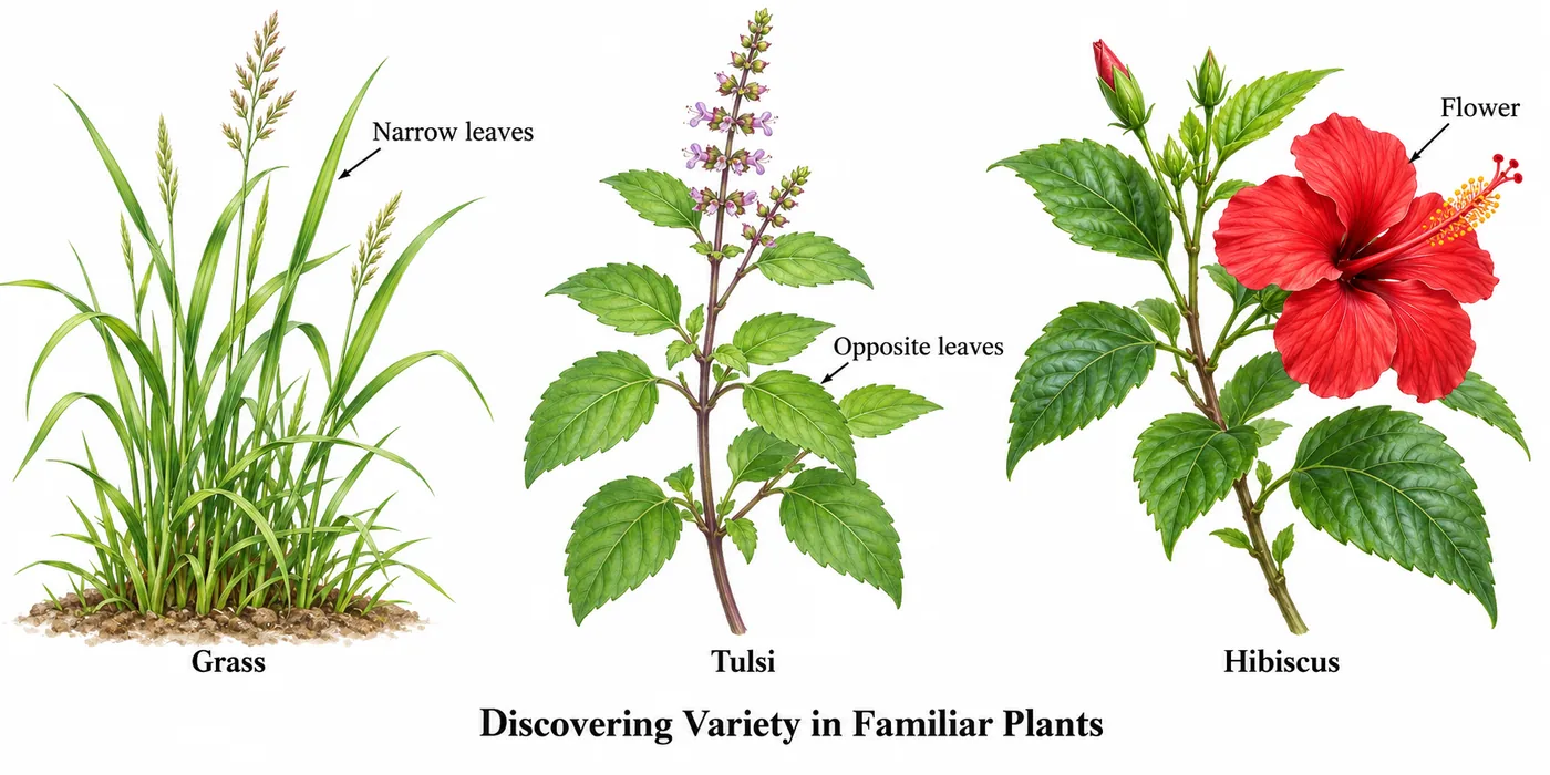 Grass with narrow leaves, tulsi with opposite leaves and hibiscus with a red flower