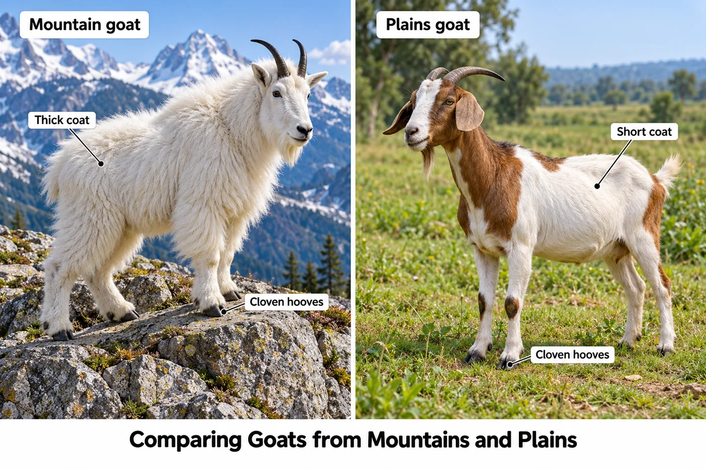 A mountain goat with a thick white coat on rocks and a plains goat with a short coat on grassland