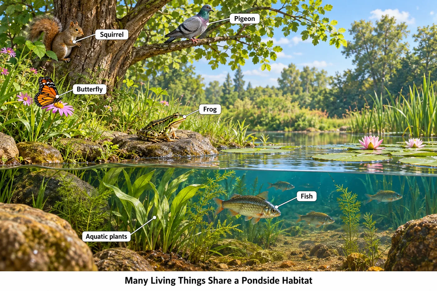 A pondside habitat with squirrel, pigeon, butterfly and frog above water and fish and aquatic plants below