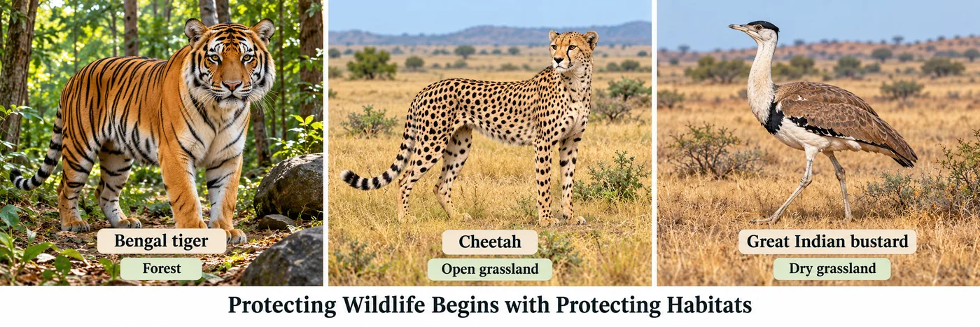 Bengal tiger in a forest, cheetah in open grassland and great Indian bustard in dry grassland