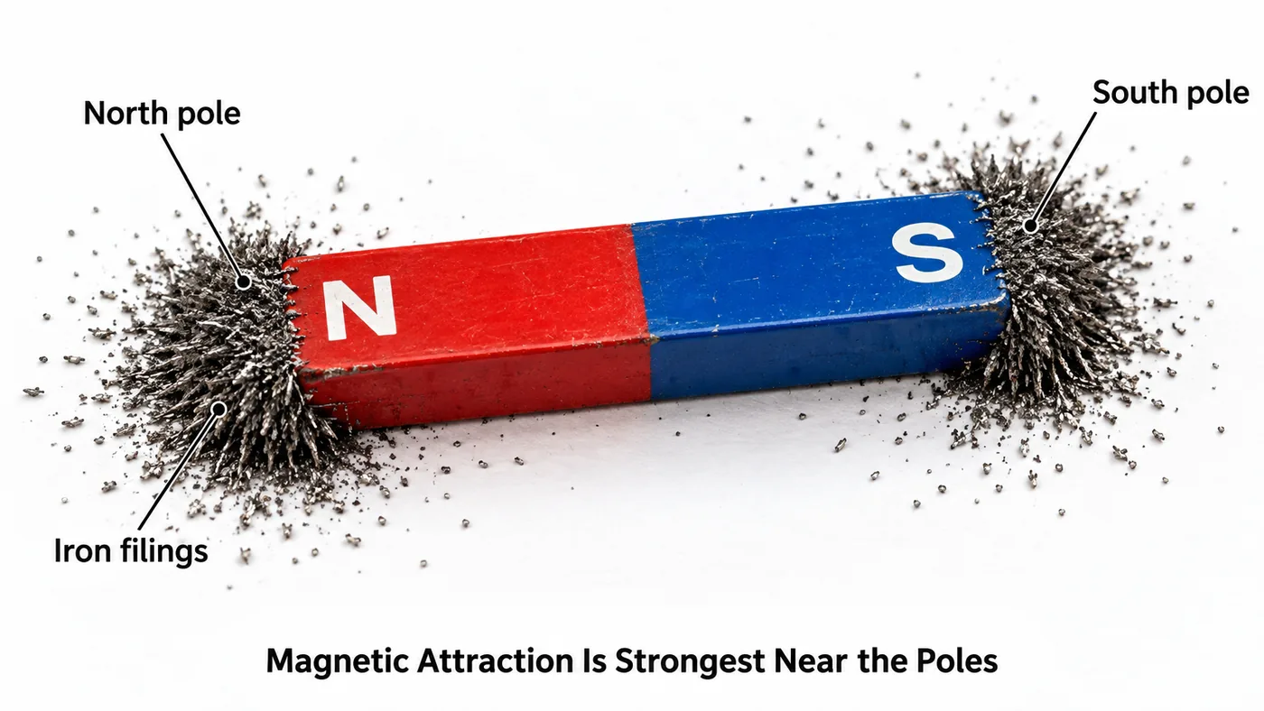 Iron filings clustered thickly at the north and south poles of a bar magnet