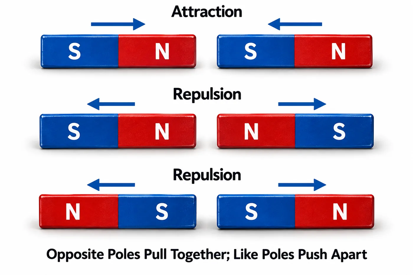 Pairs of bar magnets showing attraction between opposite poles and repulsion between like poles