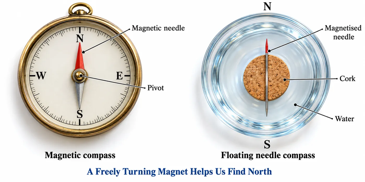 A magnetic compass with needle on a pivot, and a magnetised needle on a cork floating in water