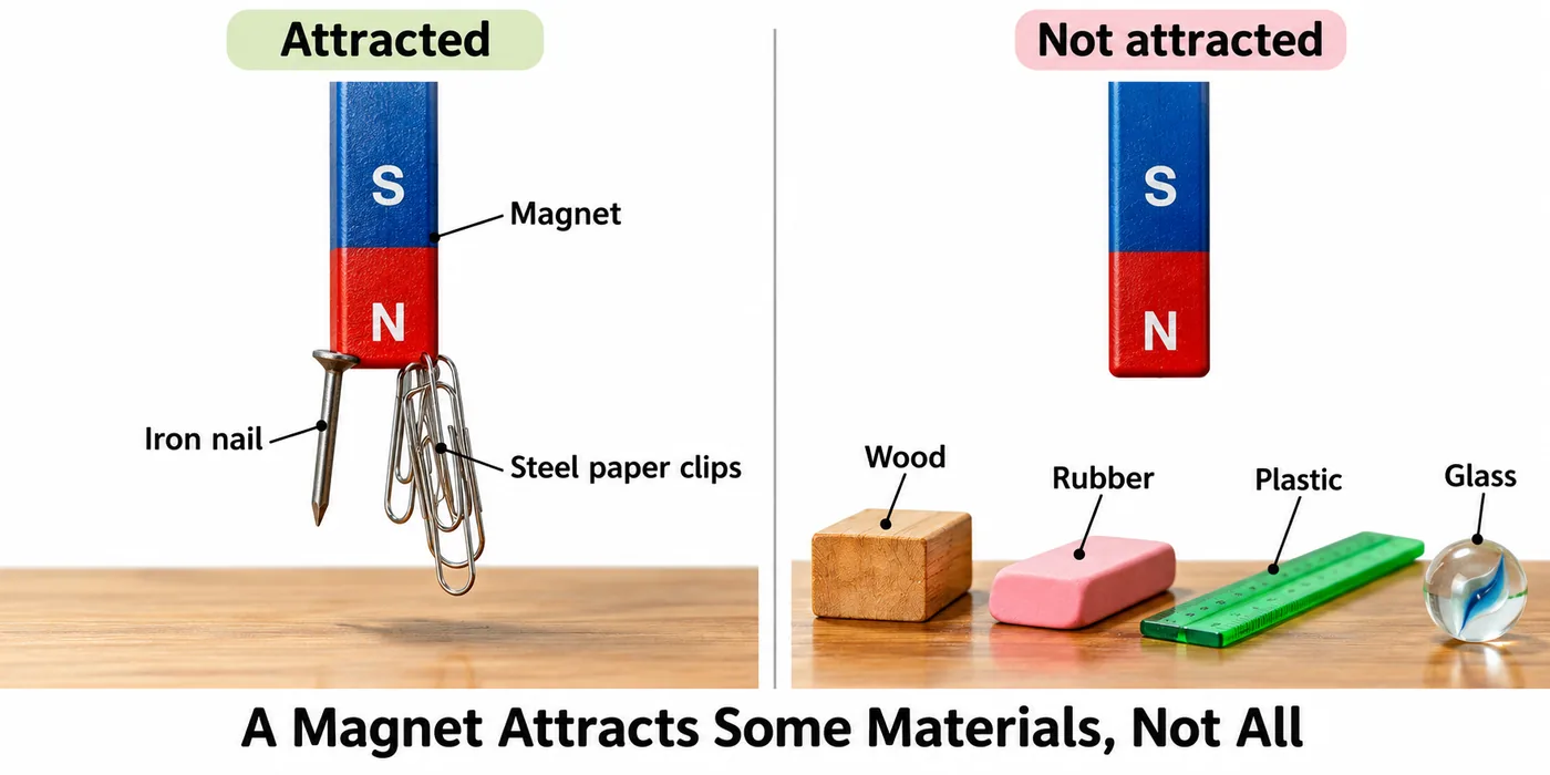 A magnet holding an iron nail and steel paper clips, while wood, rubber, plastic and glass are not attracted