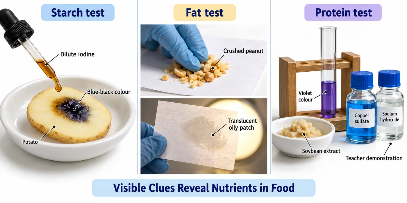 Iodine turning potato blue-black, peanut leaving an oily patch on paper and soybean extract turning violet with copper sulphate and sodium hydroxide