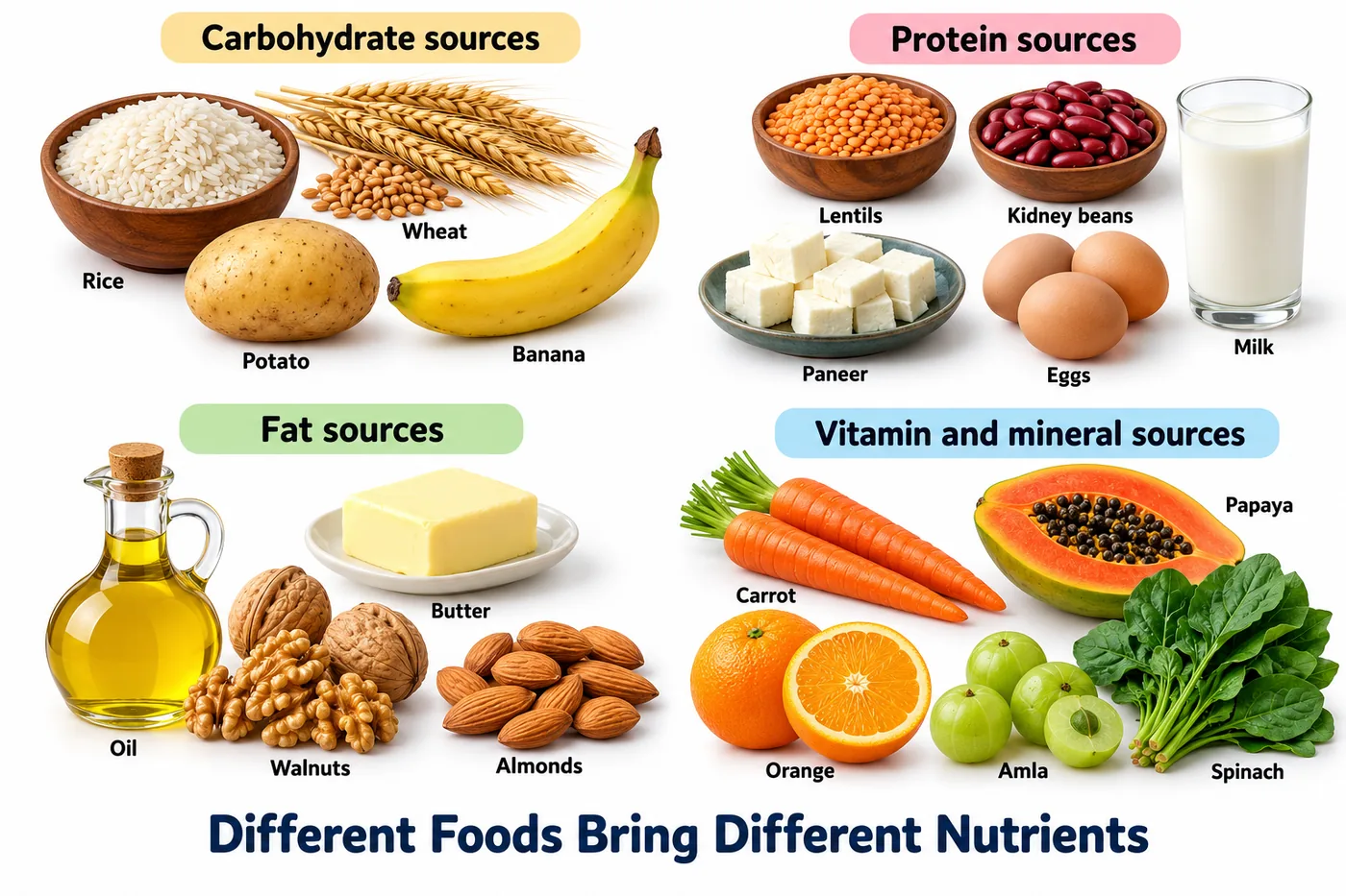 Carbohydrate, protein, fat, and vitamin and mineral sources such as rice, lentils, oil and fruits