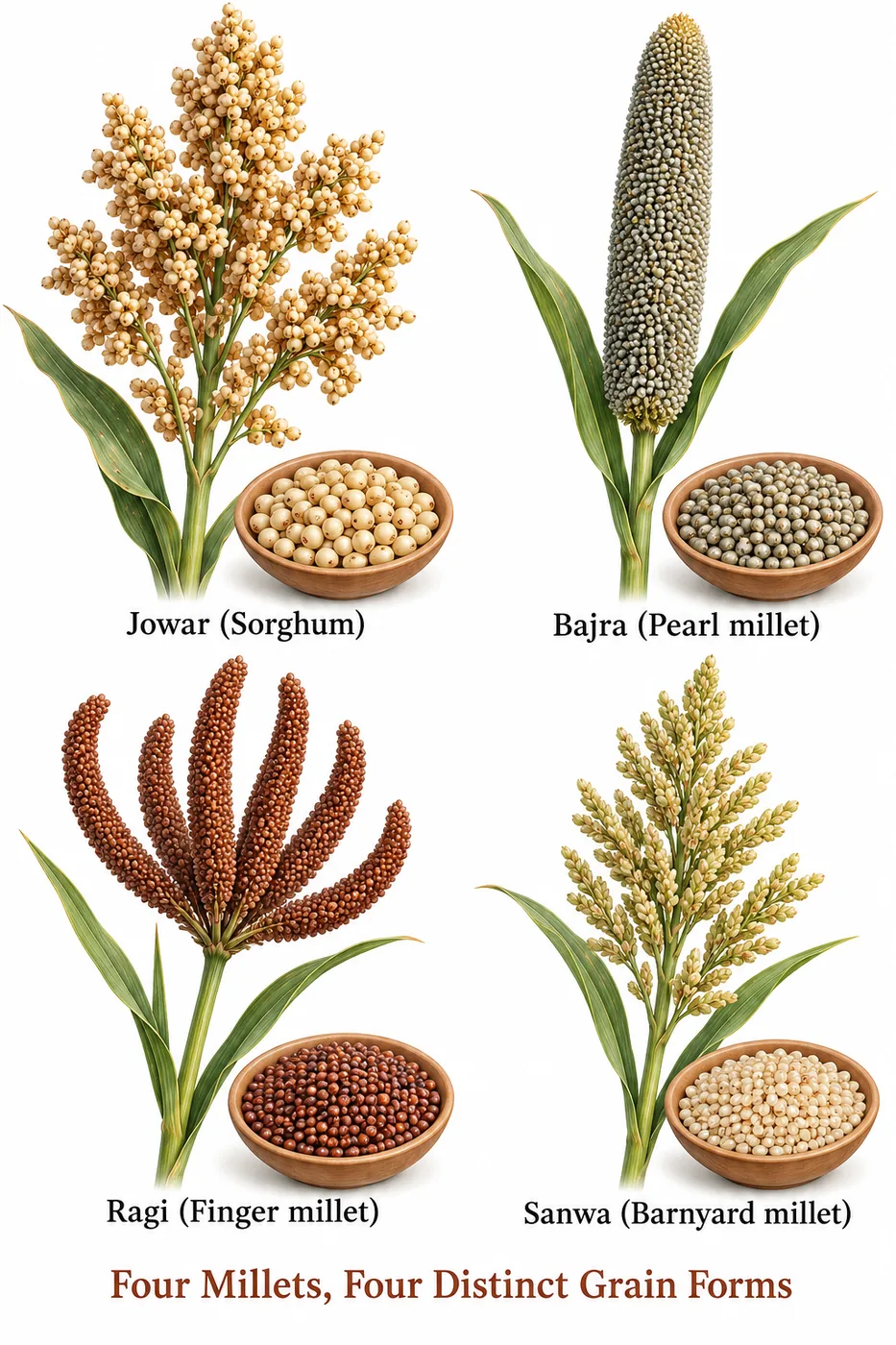 Plants and grains of jowar (sorghum), bajra (pearl millet), ragi (finger millet) and sanwa (barnyard millet)