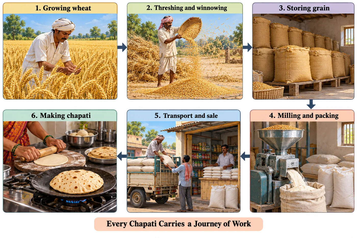 Six steps: growing wheat, threshing and winnowing, storing grain, milling and packing, transport and sale, making chapati