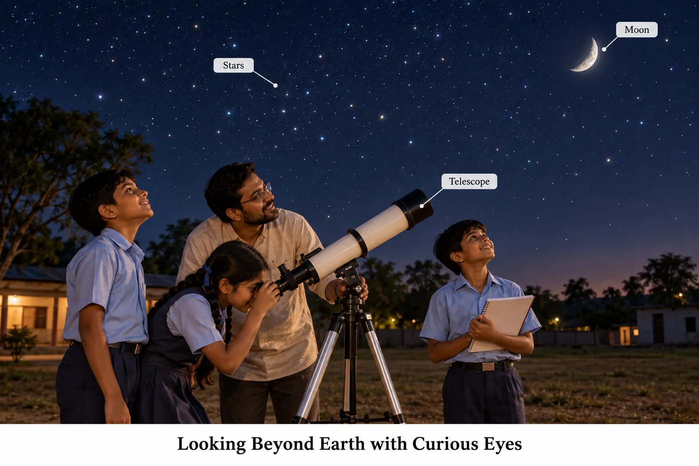 Students and a teacher looking at the Moon and stars through a telescope