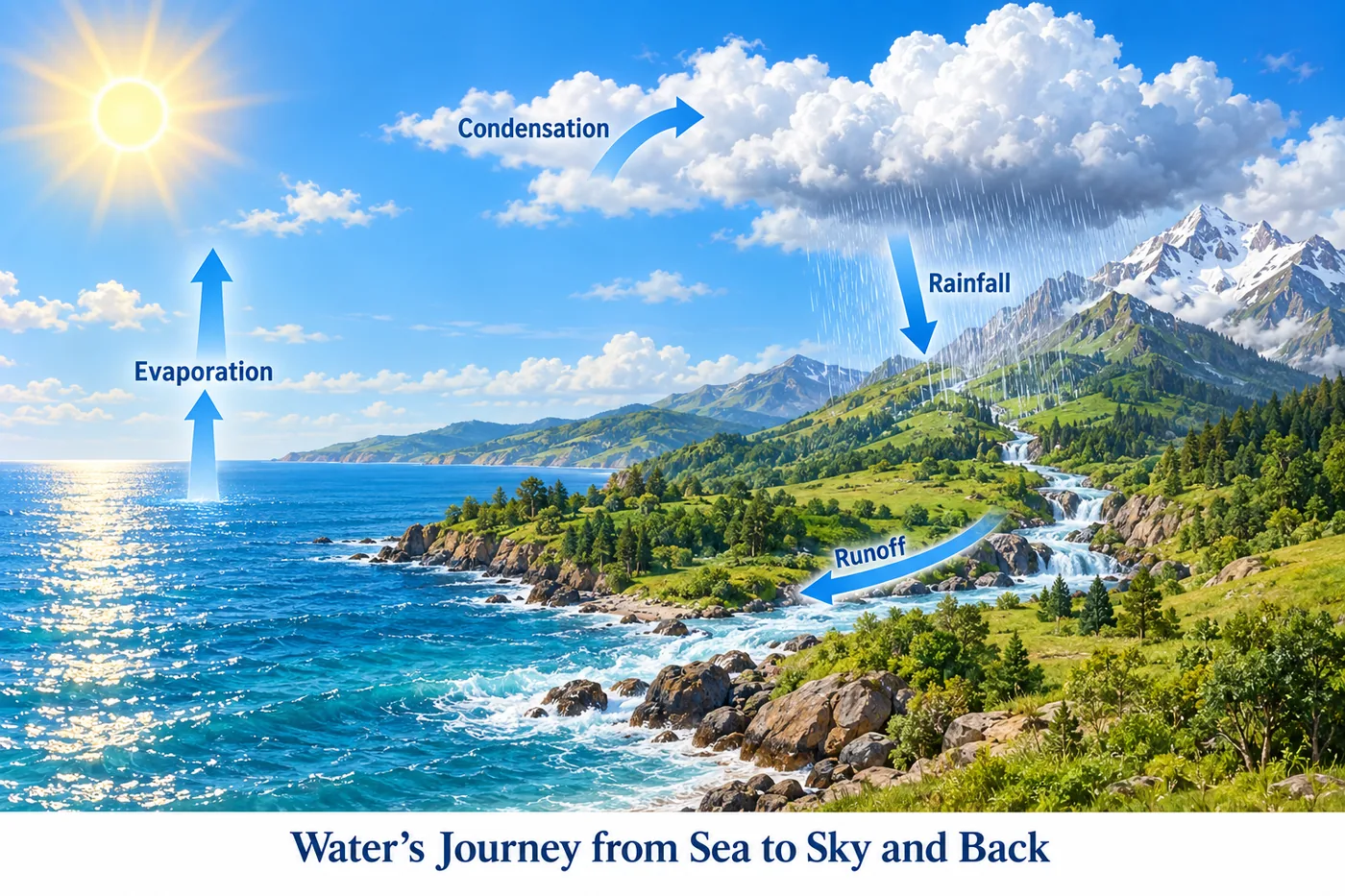Water evaporating from the sea, forming clouds, falling as rain and flowing back as runoff