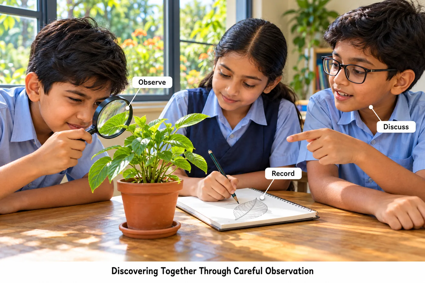 Three students observing a potted plant with a magnifying glass, recording and discussing