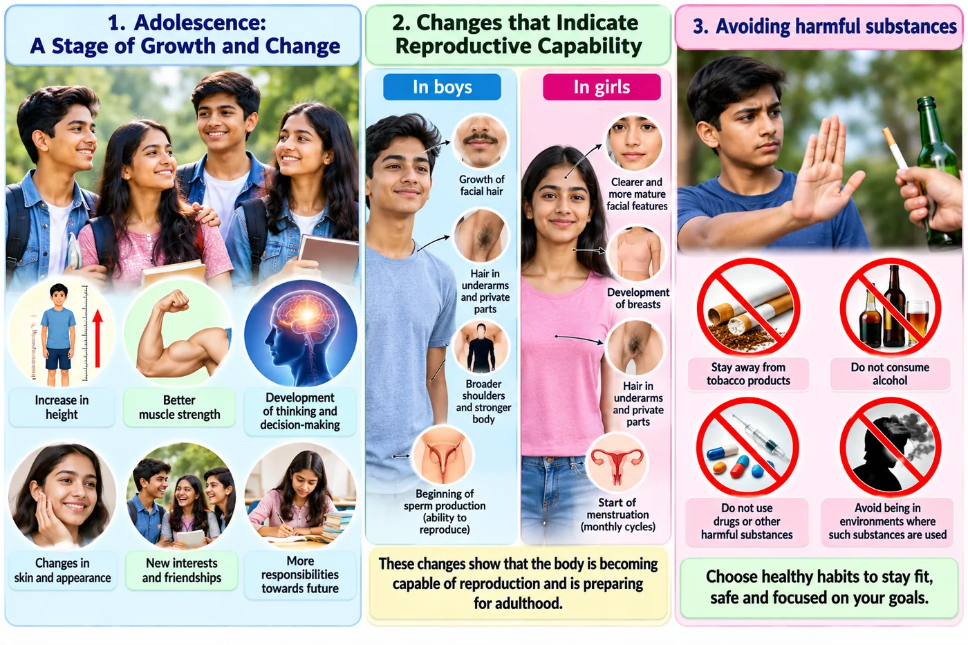 Infographic showing growth in height, strength and thinking during adolescence, changes in boys and girls that indicate reproductive capability, and avoiding tobacco, alcohol and drugs