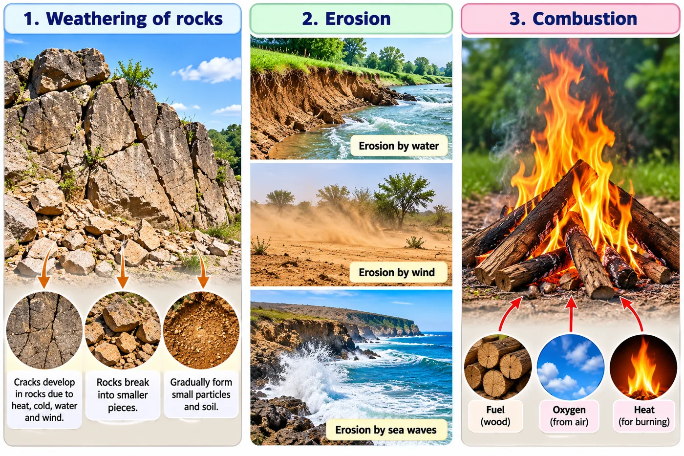 Rocks cracking and breaking into soil by weathering, erosion by water, wind and sea waves, and a wood fire needing fuel, oxygen and heat