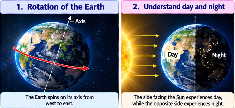 The Earth spinning on its tilted axis from west to east, and the side facing the Sun having day while the other side has night