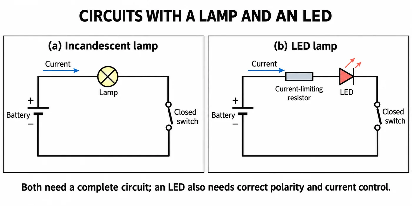 Circuit with battery, incandescent lamp and closed switch beside a circuit with battery, current-limiting resistor, LED and closed switch